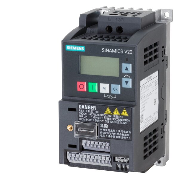 SINAMICS V20 200-240V 1AC -10/+10% 47-63Hz rated power 0.37 kW with 150% overload for 60 sec. integrated filter C1 I/O: 4 DI, 2 DO,2 AI, 1 AQ fieldbus: USS/MODBUS RTU with built-in BOP protection: IP20/ UL open size: AA 68x142x108 (WxHxD)