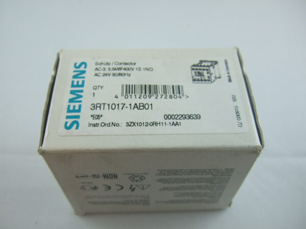 Siemens  Sirius Schütz 3RT1017-1AB01 400V 5,5kW 24V AC 3 POLIG Hilfskontakt 1NO