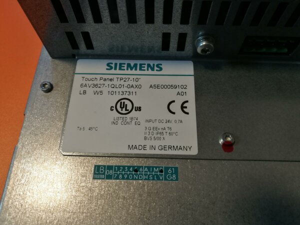 Siemens 6AV3627-1QL01-0AX0 Simatic Touch Panel TP27 - 10 &rdquo; 6AV3 627-1QL01-0AX0 